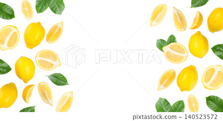 Whole and sliced lemons with green leaves, on white Whole and sliced lemons with green leaves, on white 140523572