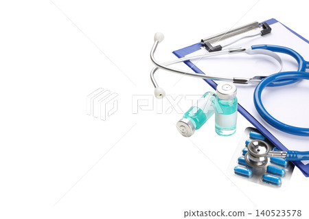 Stethoscope, vials, and tablets ready, on white background Stethoscope, vials, and tablets ready, on white background 140523578