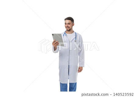 Doctor reviews patient info on tablet, on white Doctor reviews patient info on tablet, on white 140523592