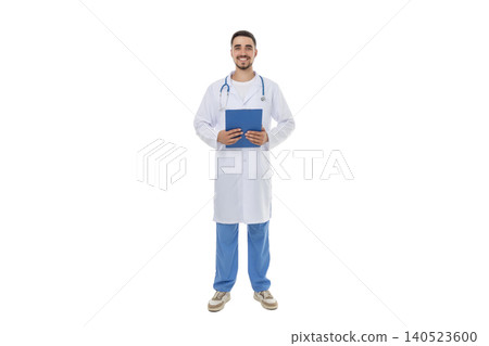 Doctor stands with a blue folder in a friendly manner, on white 140523600