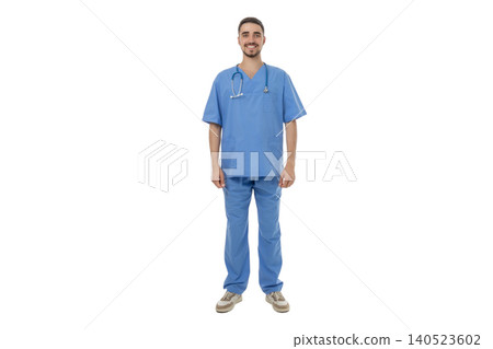Doctor in scrubs with stethoscope, proud stance, on white 140523602