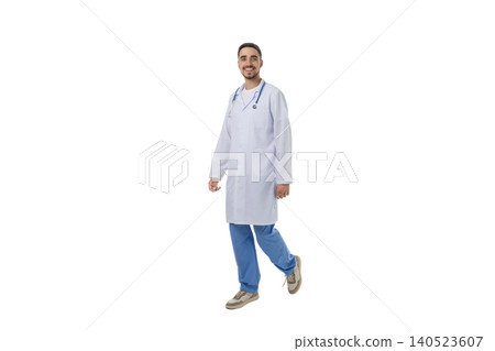 Doctor in white coat with stethoscope approaching, on white 140523607