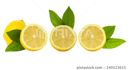 Whole and sliced lemons with leaves display yellow, on white Whole and sliced lemons with leaves display yellow, on white 140523615