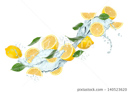 Lemons in water with green leaves and splash effects, on white Lemons in water with green leaves and splash effects, on white 140523620