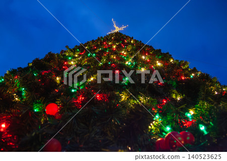 Close-up of the colorful lights on top of the Christmas tree in Atlanta Close-up of the colorful lights on top of the Christmas tree in Atlanta 140523625