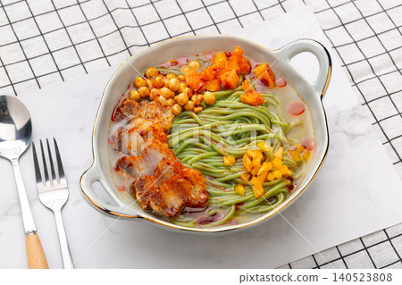 Crispy Pork Belly Spinach Noodles - Chinese Fusion Comfort Bowl Crispy Pork Belly Spinach Noodles - Chinese Fusion Comfort Bowl 140523808