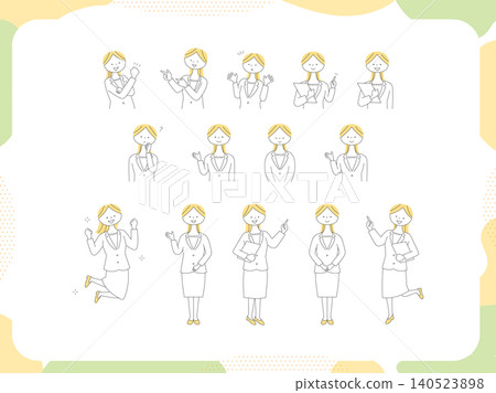 A set of facial expressions and full-body poses for businesswomen. A set of facial expressions and full-body poses for businesswomen. 140523898