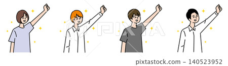 A set of illustrations of young men and women raising one hand to express joy. A set of illustrations of young men and women raising one hand to express joy. 140523952