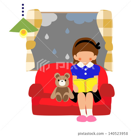 如何度過下雨天：女孩坐在沙發上看書的扁平化插畫/向量圖。 140523958
