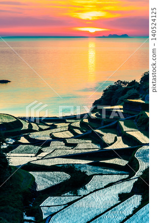 Evening view of the terraced rice fields in Hamanoura, Saga Prefecture. Evening view of the terraced rice fields in Hamanoura, Saga Prefecture. 140524125