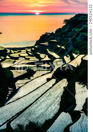 Evening view of the terraced rice fields in Hamanoura, Saga Prefecture. Evening view of the terraced rice fields in Hamanoura, Saga Prefecture. 140524132