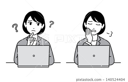 Illustration of a woman in a suit looking at a computer screen and thinking - Set 8 Illustration of a woman in a suit looking at a computer screen and thinking - Set 8 140524404