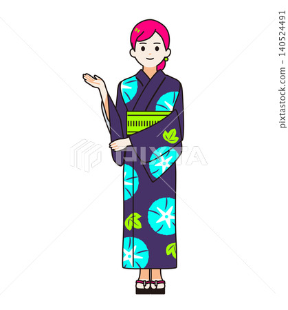 一位身穿浴衣的女子，以普普風格的極簡主義插畫（透明背景，全身像）站立並引導。 140524491