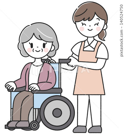 An elderly woman in a wheelchair and a female care worker An elderly woman in a wheelchair and a female care worker 140524750