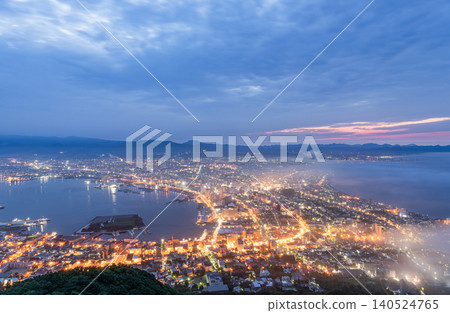 Hakodate cityscape (night view) as seen from the observation deck at the summit of Mt. Hakodate, Hakodate City, Hokkaido. 140524765