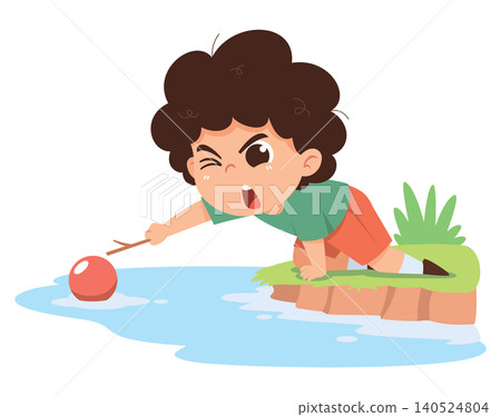 Child Picking Ball Near Water Danger Cartoon Illustration Kids Safety Risk Concept 140524804