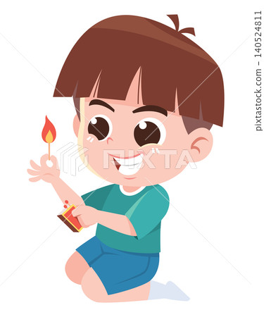 Child Playing with Matchstick Fire Cartoon Illustration Dangerous Behavior Kids Safety Concept Child Playing with Matchstick Fire Cartoon Illustration Dangerous Behavior Kids Safety Concept 140524811