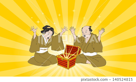 一幅用於銷售活動的向量背景插圖,描繪了一男一女,風格類似浮世繪版畫,被一個發光的寶箱所吸引。 一幅用於銷售活動的向量背景插圖,描繪了一男一女,風格類似浮世繪版畫,被一個發光的寶箱所吸引。 140524815