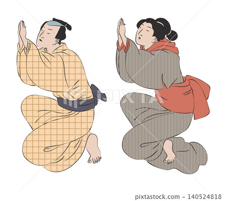 一幅浮世繪風格的男女向量插圖，描繪了他們鞠躬表示感謝的場景。 140524818