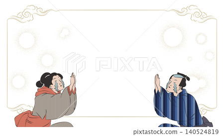 向量背景插圖,描繪了浮世繪風格的一對男女感激涕零,背景被畫框框住。 向量背景插圖,描繪了浮世繪風格的一對男女感激涕零,背景被畫框框住。 140524819