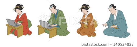 一組浮世繪風格的插圖(向量圖),描繪了一男一女使用筆記型電腦打字。 一組浮世繪風格的插圖(向量圖),描繪了一男一女使用筆記型電腦打字。 140524822