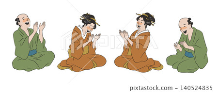 一組浮世繪風格的線條藝術向量插圖，描繪了一男一女坐著、拍手、大笑的場景。 140524835