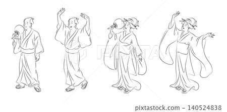 A set of line art vector illustrations of men and women dancing in yukata at Bon Odori and summer festivals. A set of line art vector illustrations of men and women dancing in yukata at Bon Odori and summer festivals. 140524838