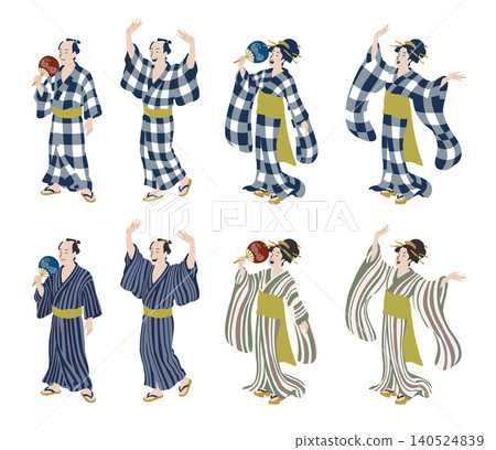 一組向量插圖，描繪了身穿浴衣的男女以浮世繪風格跳盂蘭盆舞的場景。 140524839