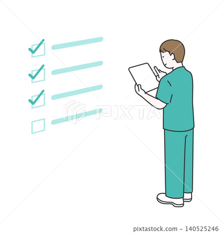 An illustration of a male nurse checking and managing checklists and tasks on a tablet. 140525246