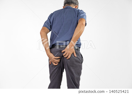 Hemorrhoidal pain, man with hemorrhoids on white background. Hemorrhoidal pain, man with hemorrhoids on white background. 140525421