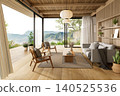Spacious and airy living room interior with glass doors opening onto a wide wooden deck with a stunning panoramic mountain view 3d render. 140525536