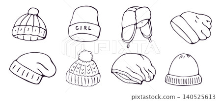 Hand drawn set of winter knit hats and beanies doodle illustration on white background Hand drawn set of winter knit hats and beanies doodle illustration on white background 140525613