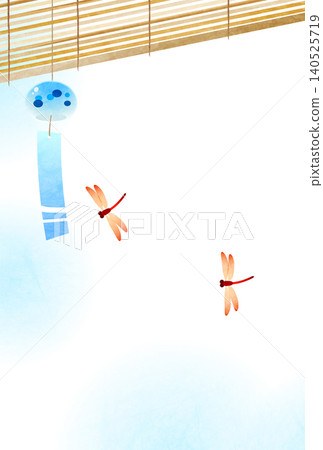 Late summer greeting illustration, wind chimes, bamboo blinds, dragonflies, cute, Japanese style, vertical Late summer greeting illustration, wind chimes, bamboo blinds, dragonflies, cute, Japanese style, vertical 140525719