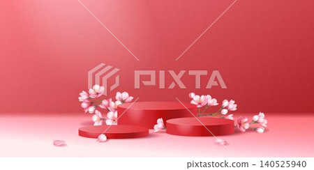 Elegant Red Product Display Platform with Flowers Elegant Red Product Display Platform with Flowers 140525940