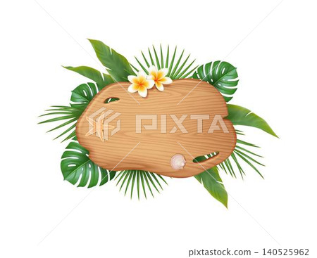 Tropical Wooden Sign with Leaves and Shells Tropical Wooden Sign with Leaves and Shells 140525962