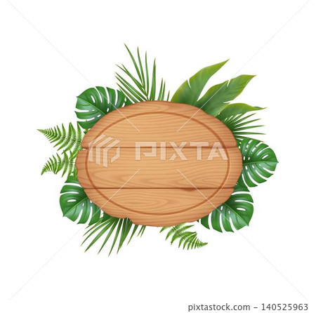 Wooden signboard surrounded by tropical green leaves Wooden signboard surrounded by tropical green leaves 140525963
