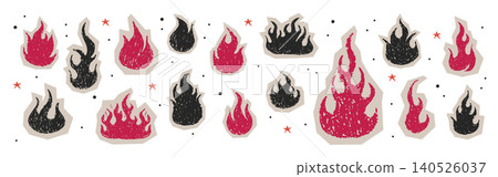Burning crayon fire. Grunge flame with pencil texture. Wax scribble elements with cutout edges. Set for vintage collage. Vector illustration 140526037