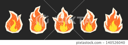 Crayon burning fire or flame. Wax scribble wildfire stickers. Vector set. Collage style 140526040