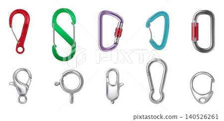 Various Carabiners and Clips Isolated on White Various Carabiners and Clips Isolated on White 140526261
