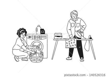 Couple Engaged in Laundry and Ironing Chores Couple Engaged in Laundry and Ironing Chores 140526316