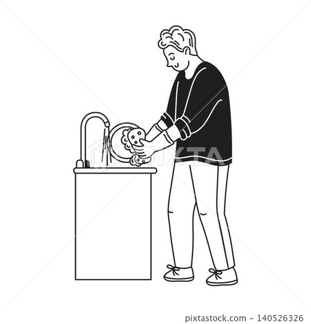 Man Washing Dishes at Kitchen Sink Man Washing Dishes at Kitchen Sink 140526326