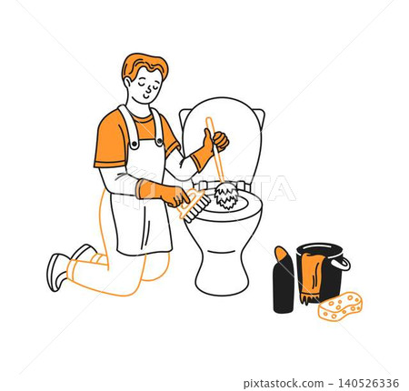 Janitor Cleaning Toilet with Supplies in Uniform Janitor Cleaning Toilet with Supplies in Uniform 140526336