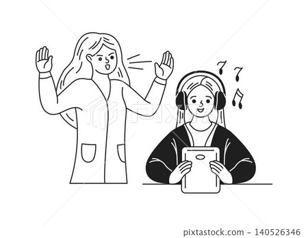 Woman Gesturing to Girl with Headphones Woman Gesturing to Girl with Headphones 140526346