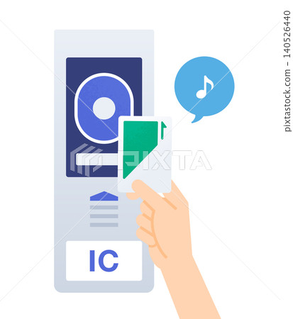 Illustration of a hand touching a transportation IC card to an automatic ticket gate to make a payment. Illustration of a hand touching a transportation IC card to an automatic ticket gate to make a payment. 140526440