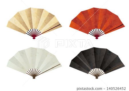 金色、紅色、白色和黑色傳統日式扇子套裝，飾有日式圖案。 140526452