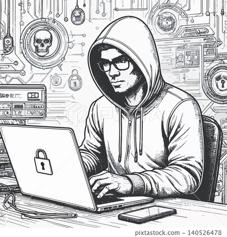 Hooded hacker working on laptop with cybersecurity background 140526478