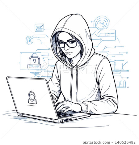 Woman hacker coding laptop cybersecurity protection Woman hacker coding laptop cybersecurity protection 140526492