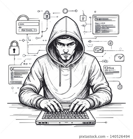 Hooded hacker man typing laptop cyber security concept Hooded hacker man typing laptop cyber security concept 140526494