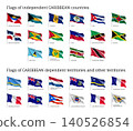 Wavy flags of independent Caribbean countries and dependent territories. Officially recognized flag of state on flagpole. Realistic national and political identity. Patriotic vector illustration. 140526854