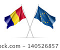 Romania and European Union waving flags on flagpole. EU sign with twelve gold stars on blue and Romania national symbol blue, yellow and red colors. Two flags isolated on white background 140526857
